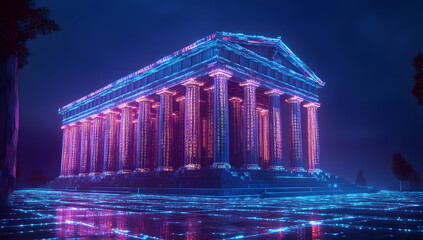 Obraz premium A stunning neon-lit temple structure, glowing in vibrant colors against a dark background, evoking a futuristic and mystical atmosphere.