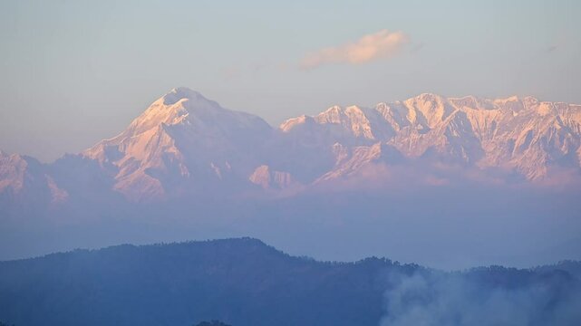 Time-lapse footage of the snow-capped peaks of Panchachuli of the Himalayan at sunset in, India
