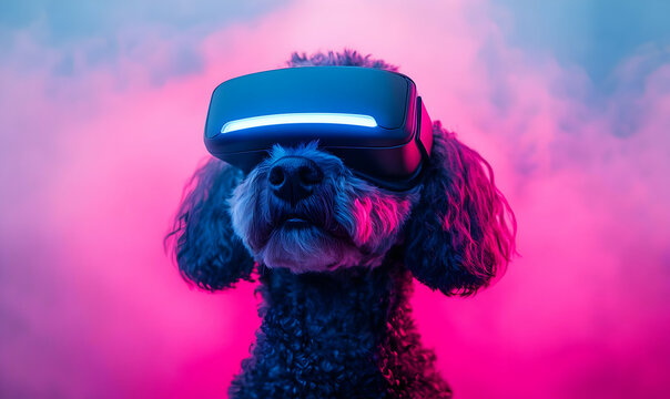 A stylish dog wearing virtual reality goggles against a vibrant, colorful backdrop. Perfect for pet technology themes.