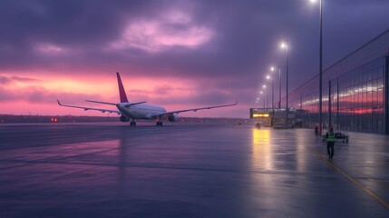 Airplane on the Tarmac at Sunset.