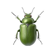 Detailed close-up image of a vibrant green beetle isolated on a white background, showcasing its intricate body structure and vibrant coloration.