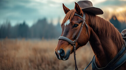 Obraz premium Close-up of a horse wearing a halter and cowboy hat, set against a blurred sunset background. Majestic and serene, perfect for equine themes.