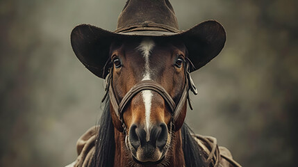 A majestic horse adorned with a cowboy hat, showcasing strength and grace in a natural setting, perfect for rustic themes.