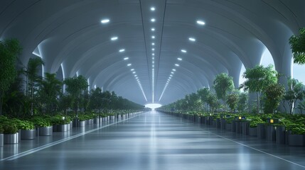 Futuristic Tunnel with Plants and Lighting.