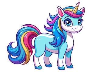 a cartoon illustration of a cute unicorn. The unicorn has a light blue body with a white face and underbelly. It has large, expressive blue eyes and a small smile. Its mane and tail are colorful
