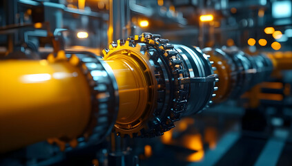 Fototapeta premium Close-up of industrial pipes and fittings in a modern factory setting. Vibrant yellow colors highlight the machinery's robust design.