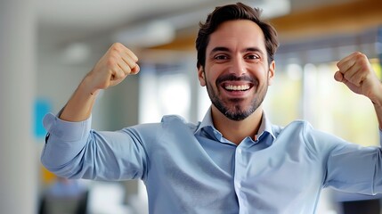 Obraz premium Business Success Celebration, Business Theme, Portrait Shot, Plain Office Background