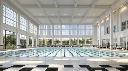 A spacious indoor swimming pool featuring large windows, natural light, and sleek architectural design for a refreshing atmosphere.