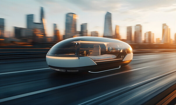 Flying car. Autonomous car and taxi with a bed inside against futuristic city. Full self driving car in the high tech urban environment. Urban transportation. 
