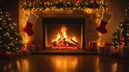 A warm, glowing fireplace decorated with Christmas lights, stockings, and garland, cozy holiday scene, copy space for stock photo with minimal concept, No logo, No Trademark, No text
