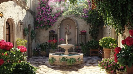 Fototapeta premium A charming hidden courtyard in a city with vibrant flowers and a small fountain
