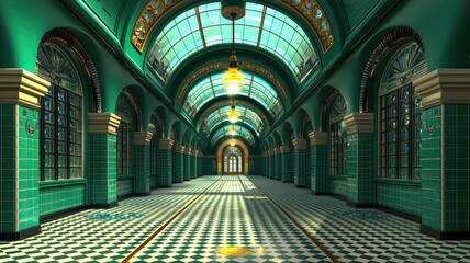 A stunning corridor featuring green tiles and elegant architecture, illuminated by soft light filtering through large windows.