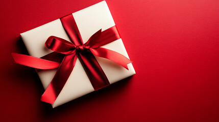 A beautifully wrapped gift box with a red ribbon on a vibrant red background, perfect for celebrations and special occasions.