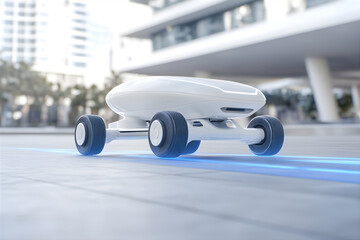 Electric and autonomous delivery robot against futuristic cityscape. Self driving robot. Technology concept.