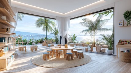 Obraz premium Bright and airy interior of a modern classroom overlooking the ocean, featuring natural light and playful design.