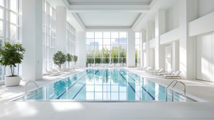 Bright and modern indoor pool with large windows and green plants, ideal for relaxation and wellness.
