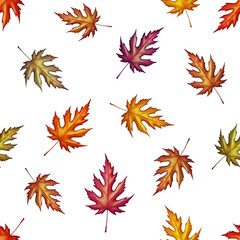 Seamless Autumn Leaves Pattern: Elegant Fall Foliage Design with Vibrant Maple, Oak, and Birch Leaves in Warm Seasonal Hues. Perfect for Fabrics, Wallpapers, and Digital Art
