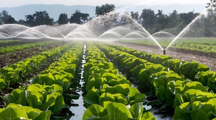 Irrigation System Sprinkling Water on Rows of Green Lettuce Plants