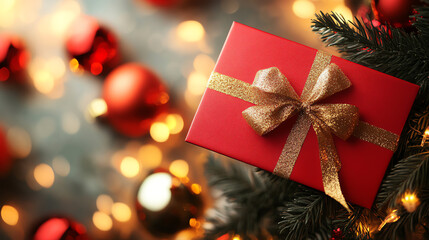 Obraz premium A beautifully wrapped red gift box with a golden ribbon, nestled among Christmas ornaments and soft lights, perfect for the festive season.