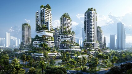 Naklejka premium Futuristic urban skyline featuring eco-friendly skyscrapers and lush greenery, promoting sustainable architectural design.