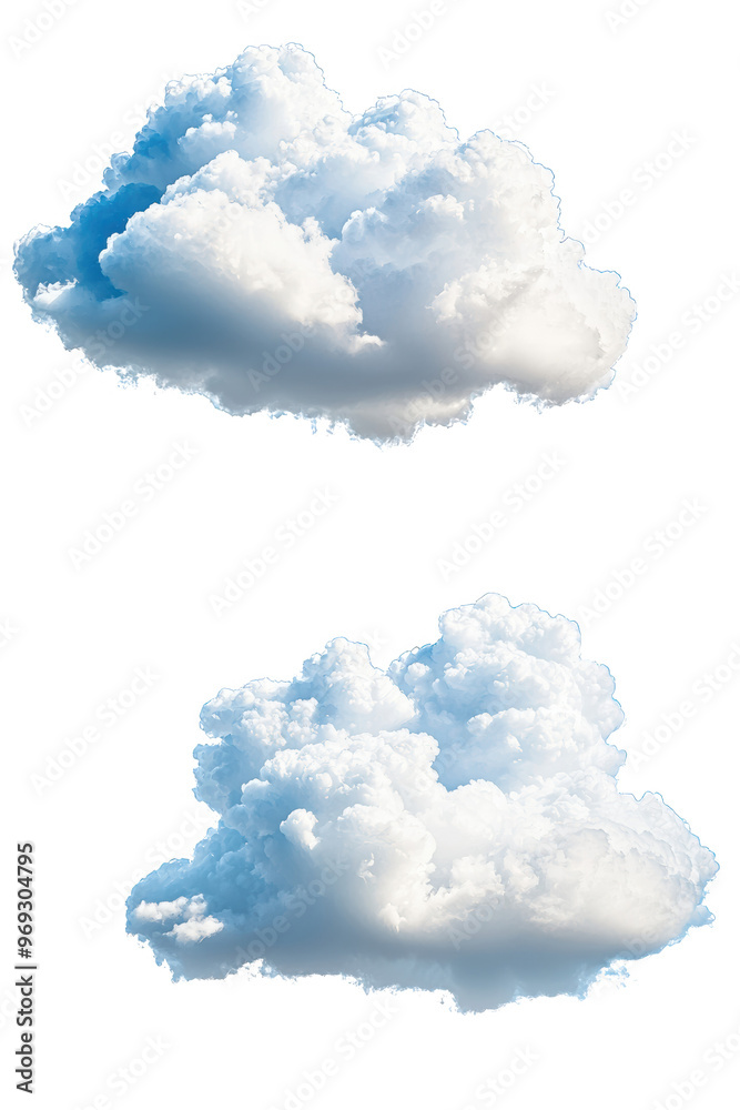 Wall mural two fluffy, white clouds isolated on a transparent background with detailed textures and soft edges,