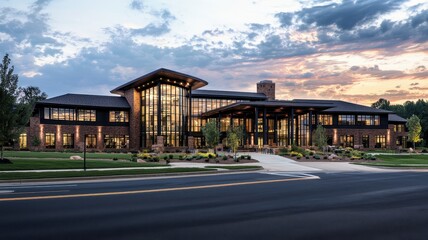 Fototapeta premium Modern architectural building with large glass windows, beautifully lit at sunset, surrounded by lush landscaping and open sky.
