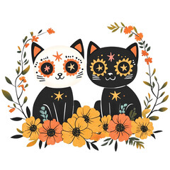 Couple cat, beige flowers, yellow flowers, day of the dead, halloween, couple cat party set