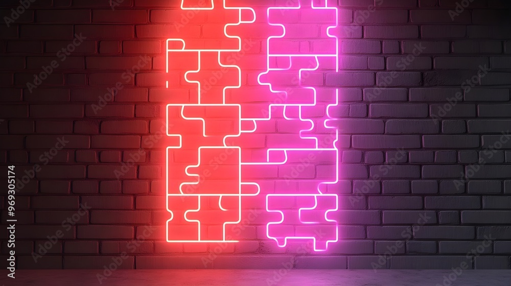 Wall mural neon puzzle on brick wall background - abstract art, design, modern