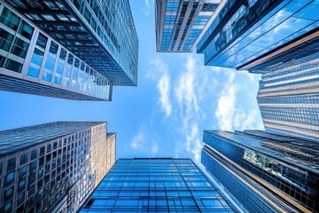 Looking Up modern high-rise office buildings with blue sky in the background with generative ai