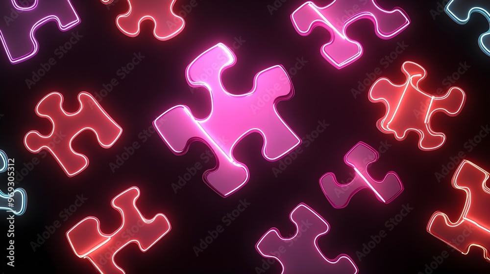 Poster Neon Puzzle Pieces Abstract Background