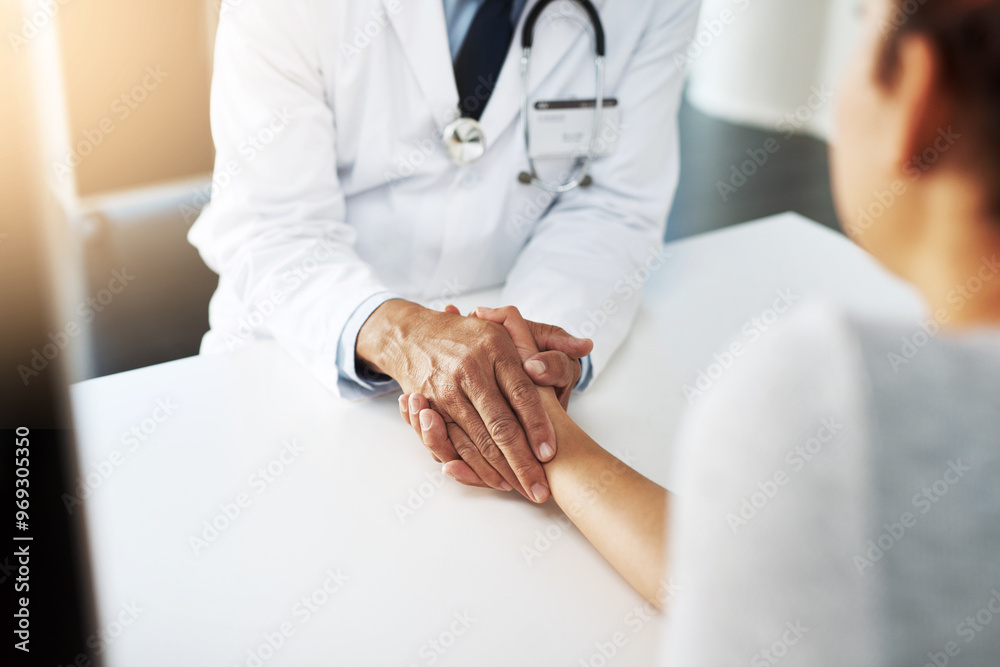 Poster Holding hands, doctor and patient for care, talking or communication for bad news, diagnosis or support. Cardiologist, medical discussion or empathy together for comfort, help or wellness in hospital