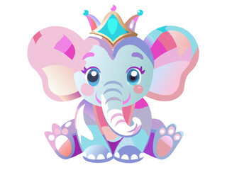 Obraz premium a cute, cartoon-style illustration of a baby elephant. The elephant is sitting down and has a colorful, patchwork appearance with shades of blue, pink, and purple