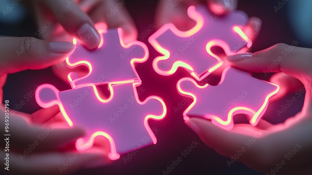 Poster Neon Puzzle Pieces Teamwork Concept