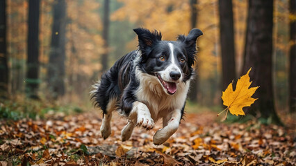 portrait of a dog running through the autumn forest