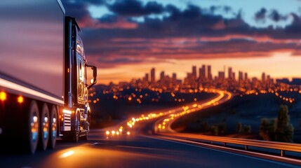 Fototapeta premium Semi-truck driving on highway with city skyline at sunset.