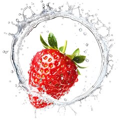 Fresh strawberry in water splash on white background