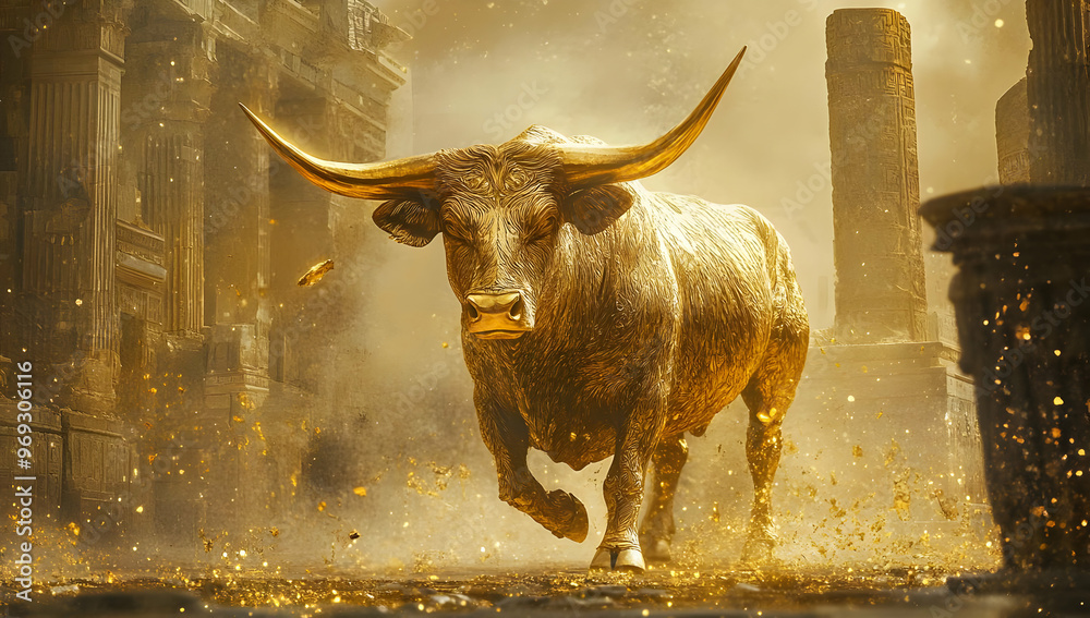 Wall mural Majestic golden bull charging through ancient ruins, embodying power and strength in a mythical landscape filled with light.