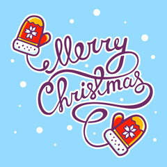 Vector illustration of red christmas mittens with hand written text on blue background with snowflakes. Bright color.