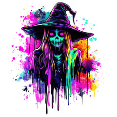 A creepy witch with a pointed hat that is dripping with neon slime