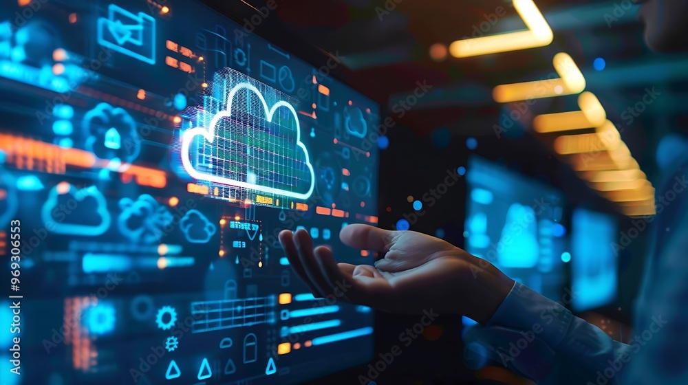 Poster admin managing cloud storage and data backups, analyzing data, business theme with copy space