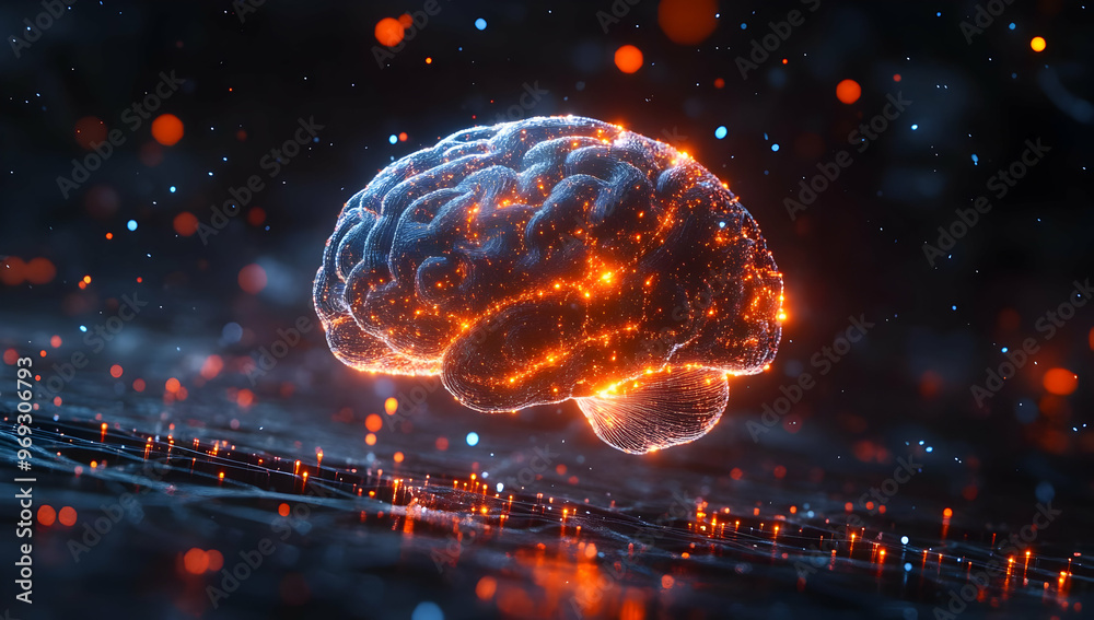 Poster a glowing digital brain representation showcasing neural connections and data flow in a futuristic s