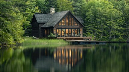 Obraz premium A serene lakeside cabin with large windows reflecting the calm waters and a small dock extending into the lake.