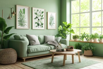 Fototapeta premium A cozy green living room with plants and botanical art.