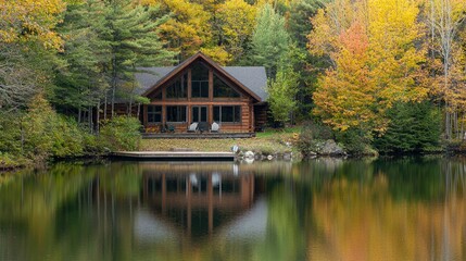 Fototapeta premium A serene lakeside cabin with large windows reflecting the calm waters and a small dock extending into the lake.