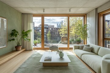 Fototapeta premium A modern living room with large windows showcasing a green outdoor view.