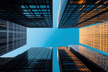 Looking Up modern high-rise office buildings with blue sky in the background with generative ai