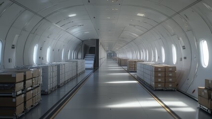 Obraz premium Cargo Airplane Interior with Boxes.