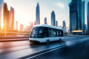 Obraz premium Electric and autonomous bus against futuristic cityscape. Self driving bus. Zero-emission electric bus in the high tech urban environment. Flying futuristic bus. Technology concept.