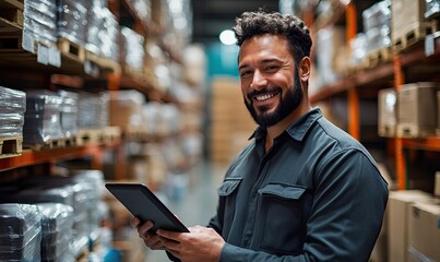 A smiling man in a warehouse holding a tablet, surrounded by shelves of boxes.
