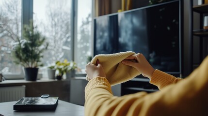 A person in a cozy sweater folds a warm yellow blanket indoors near a window overlooking a snowy winter day